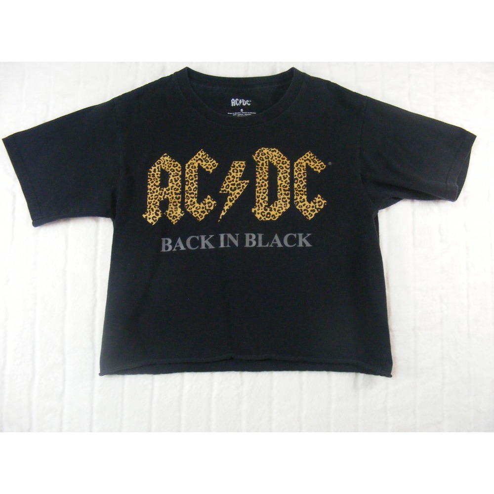 AC/DC Graphic Tee Womens Small Black Excellent Leopard Print Logo Cropped Top